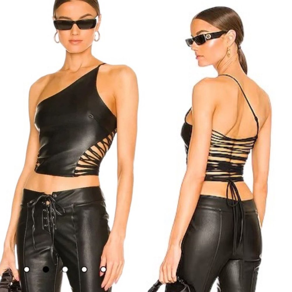 NWT h:ours Brigitta Small Black Strappy Faux Leather One Shoulder Tank Top